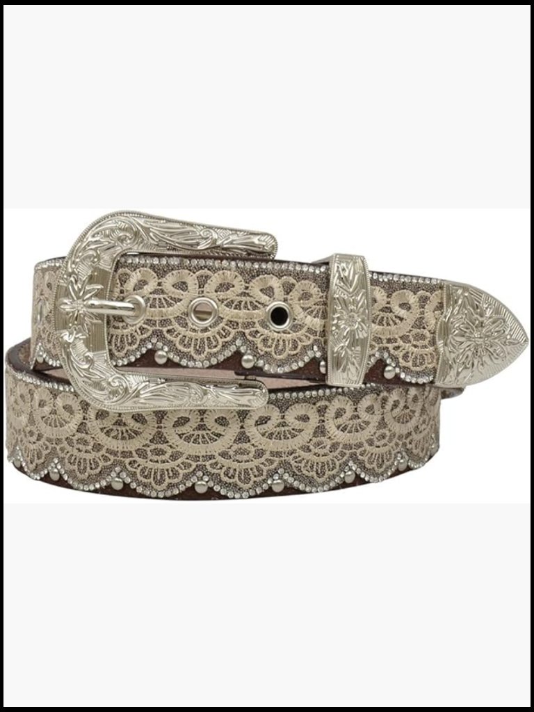Western Belt With Lace And Bead Overlay, Croc Print Leather, 1.5 Inch Wide